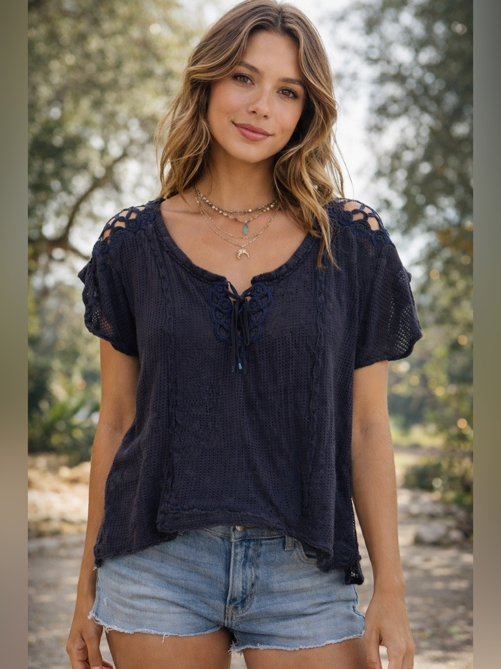Free People Navy Blue Open Knit Mesh Tee Crochet Lace Shoulder XS